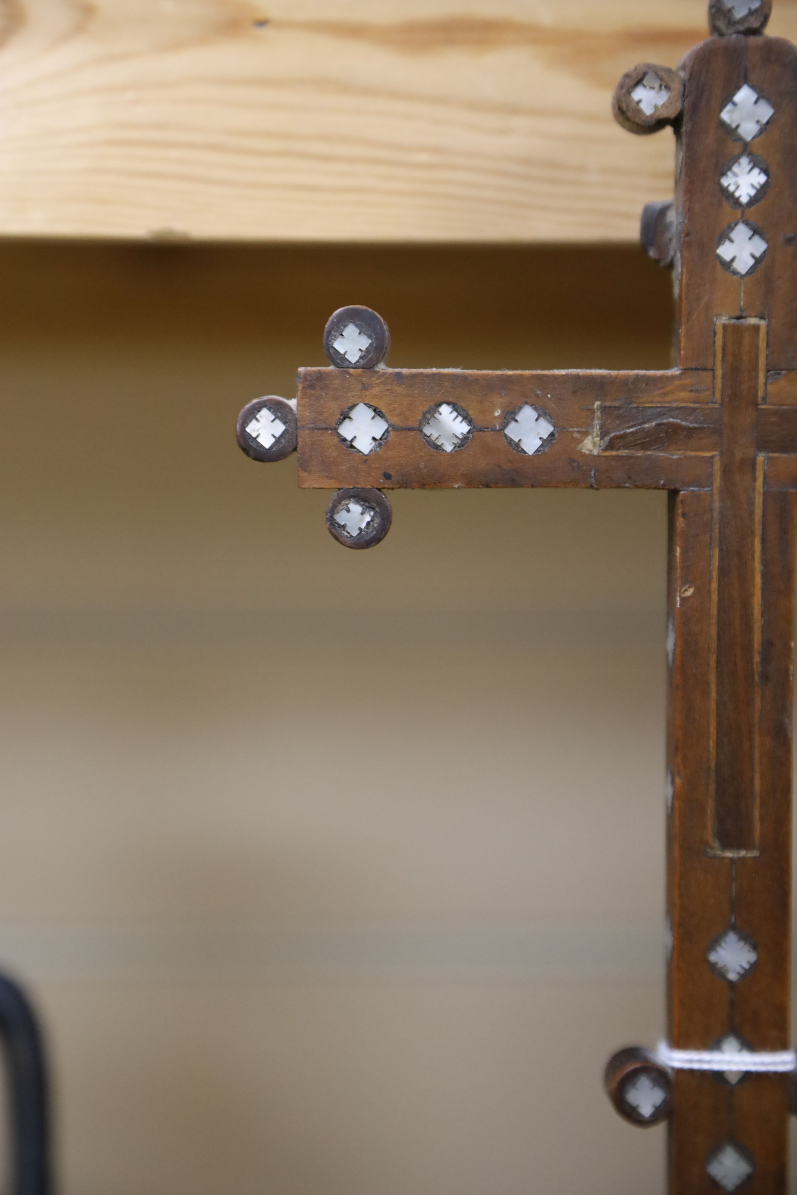 A 19th century Continental fruitwood crucifix with mother of pearl inlay, H 36cm